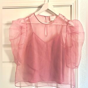 $295 Cinq a Sept Erin Puff-Sleeve Silk Organza Medium Top in Tea Rose